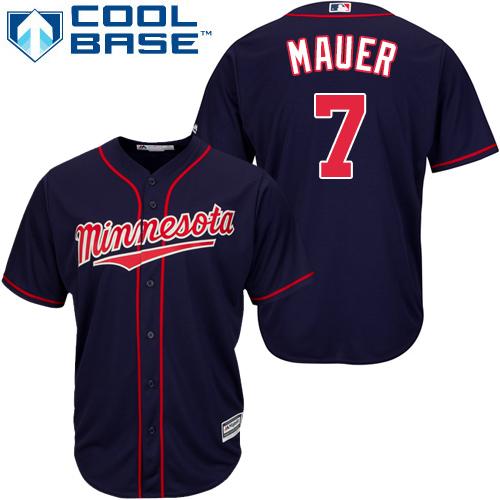Twins #7 Joe Mauer Stitched Navy Blue Cool Base Youth MLB Jersey - Click Image to Close